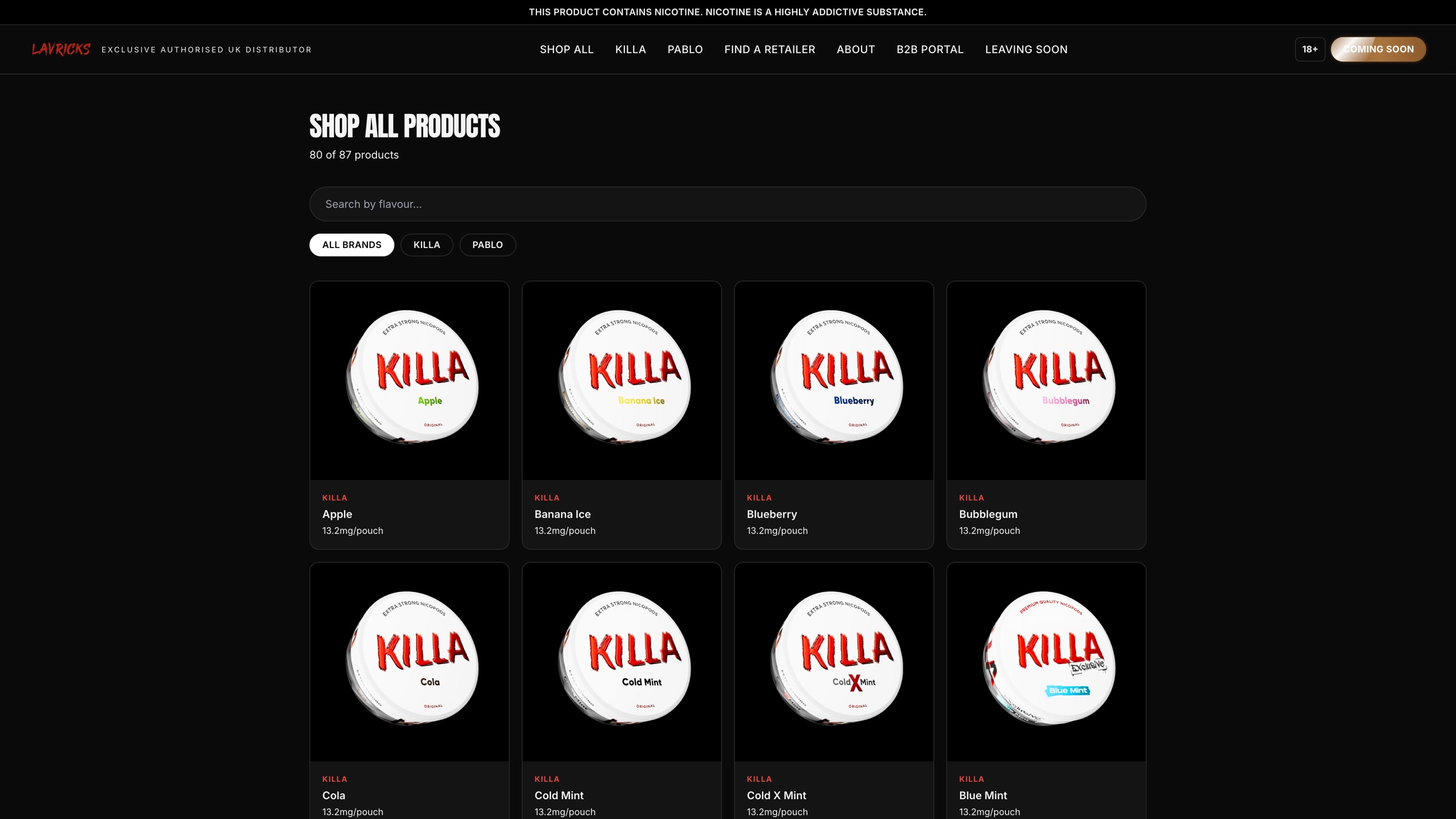 killapablo.co.uk shop page on desktop